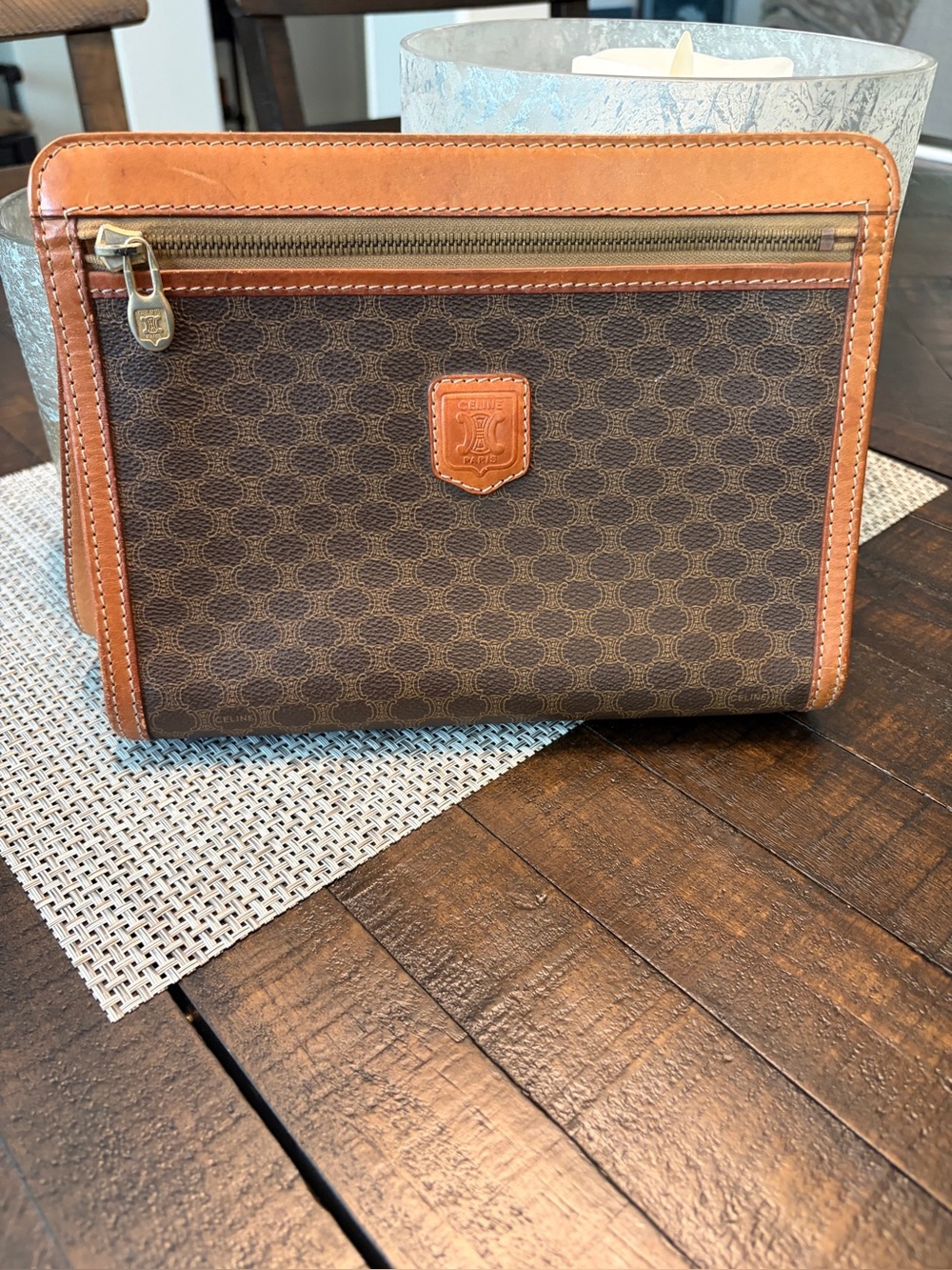Celine Brown and Tan Toiletry Pouch with Signature Pattern